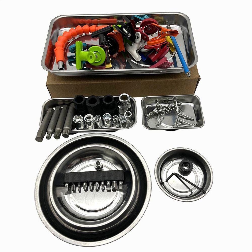 1Pcs Round Square Magnetic Parts Tray Silver Magnet Tool Organizer Stainless Steel Multifunctional Parts Bowl