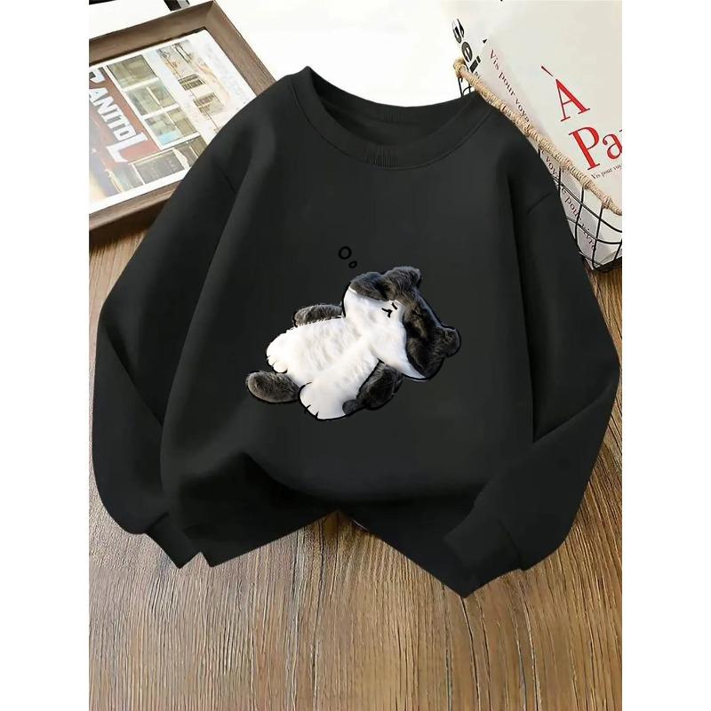 European sizes Kids' Crewneck Sweatshirt - Black And White Furry Animal Pattern ,Sportswear And Casual Wear, Soft And Comfortable, Children's Clothing
