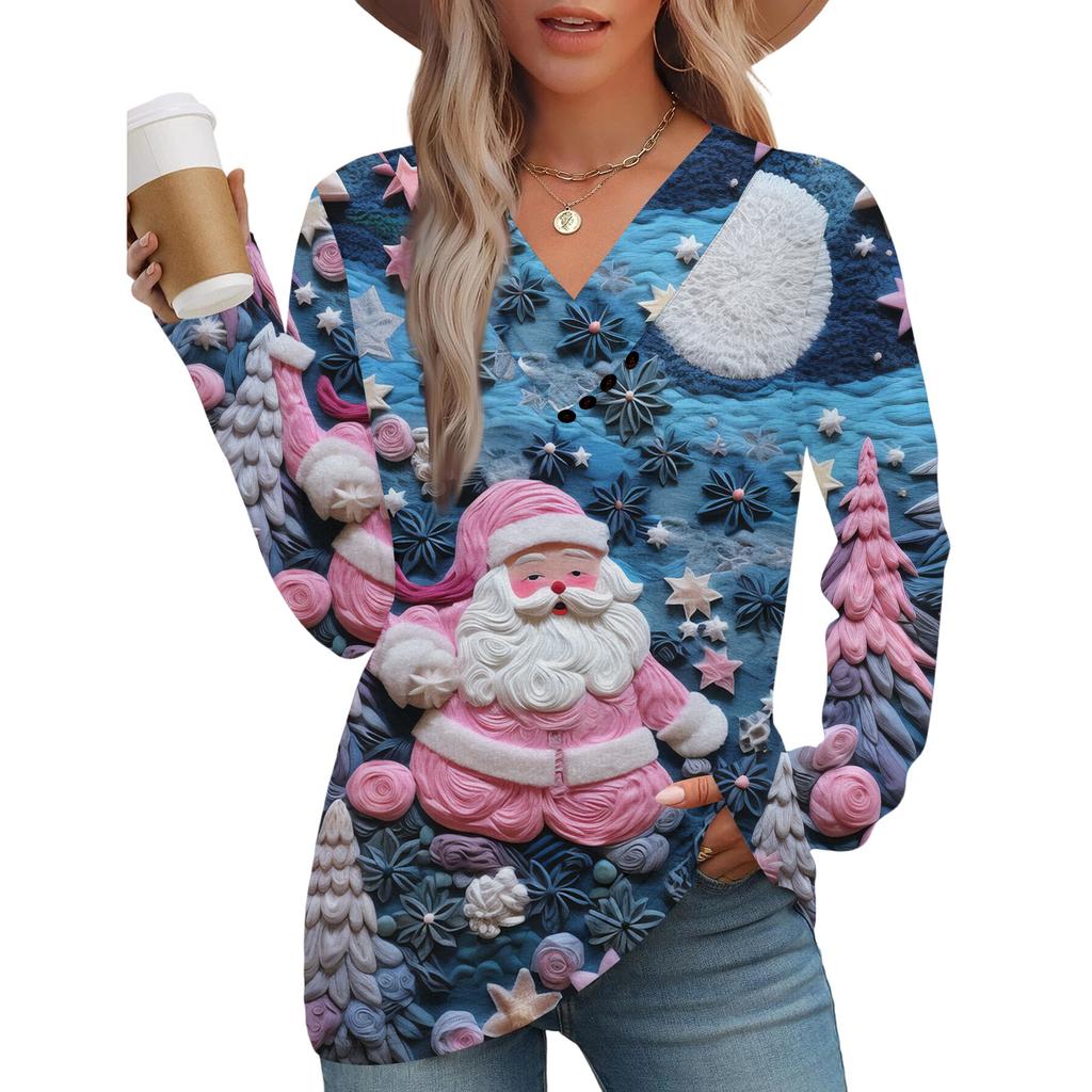 Women's Fashion Casual V-neck Pleated Christmas Long Sleeve Top
