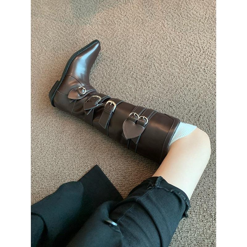 Cowhide version~ long boots femininity pointed V-mouth thin boots belt buckle but knee high thick heel knight boots