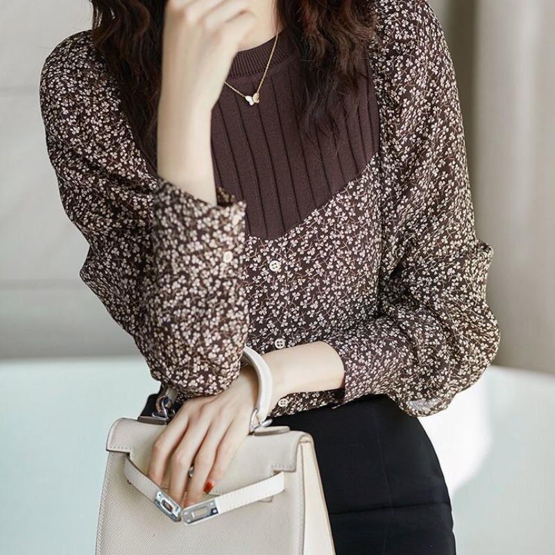Floral Shirt for Women's Fashionable and Unique Design Knitted Spliced top Long Sleeve Round Collar