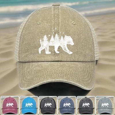 White Forest Bear Print Snapback Baseball Cap, Flat Cap Inelastic Sunshade Vintage Simple Adjustable Mesh Cap