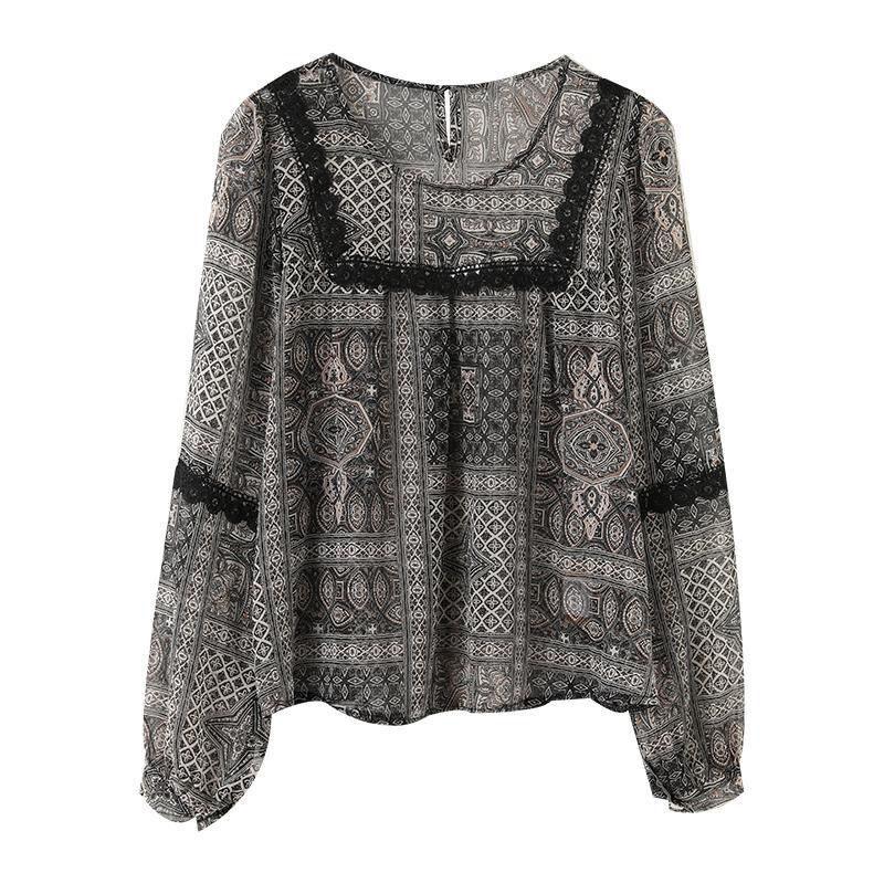 Tenká krajka Patchwork Šifonová košile s potiskem Nové Top s dlouhým rukávem Volný Jarní Léto Dámské Oblečení S-4XL