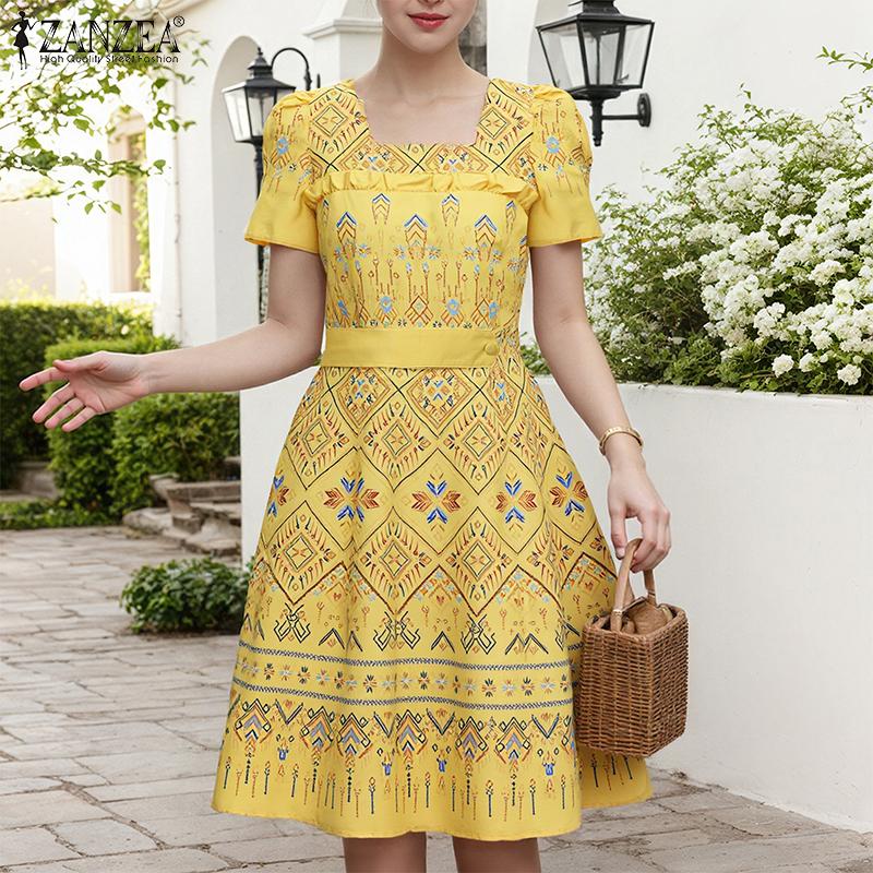 ZANZEA Women Summer Square Collar Casual Short Sleeve Print Dress