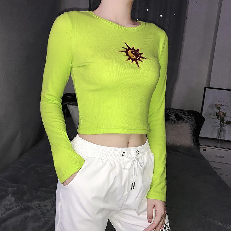 Fashion Crop Top Short Bottoming Shirt Embroider T-shirt Silm Thin Sweatshirt Slim Thin Sweater