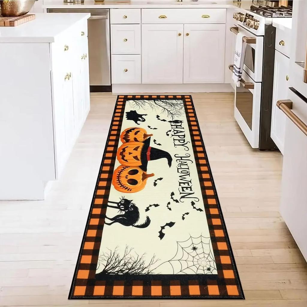 Halloween Kitchen Runner Rug Horror Pumpkin Print Non-Slip Waterproof Carpet Spooky Creepy Laundry Room Decor Ghost Print Mat