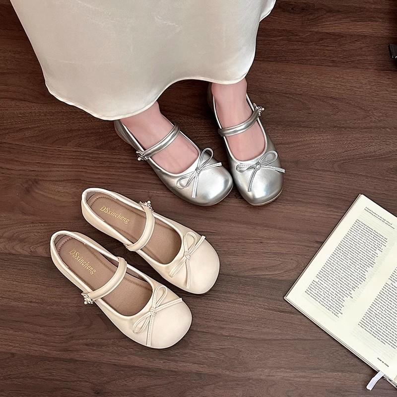 French Retro Fashion Versatile Light Mouth Flat-soled Single Shoes Women's Summer Niche Casual Round Head Bow Mary Jane Shoes