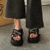 Thick Soled Slippers for Women Summer Chain Denim Chunky Heel Fashion Cross Slides Open Toe Outdoor Beach Woman Walking Slides