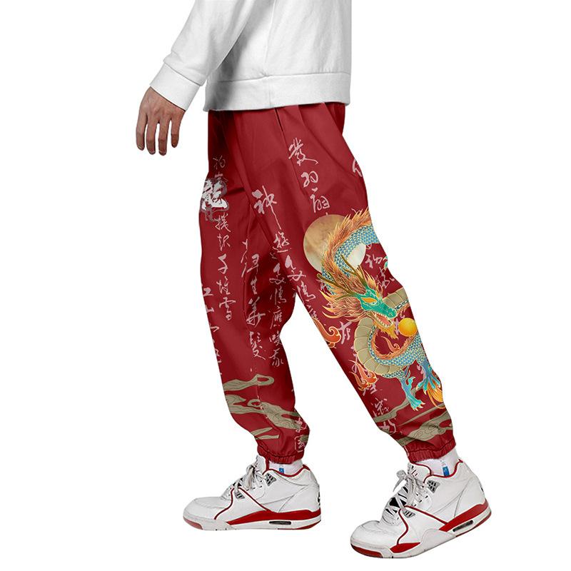 Loose Men Hip Hop Streetwear Dragon Printing Pants Male Chinese Style Trousers Elastic Waist Sports Trousers
