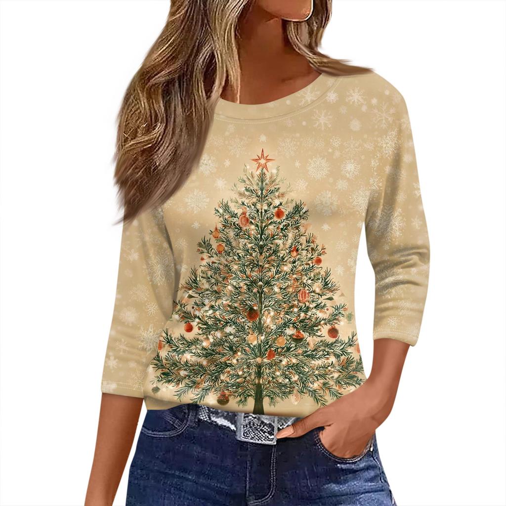 Women's T Shirt Christmas Print 3/4 Sleeve Daily Weekend Fashion Basic Round Neck Regular Top