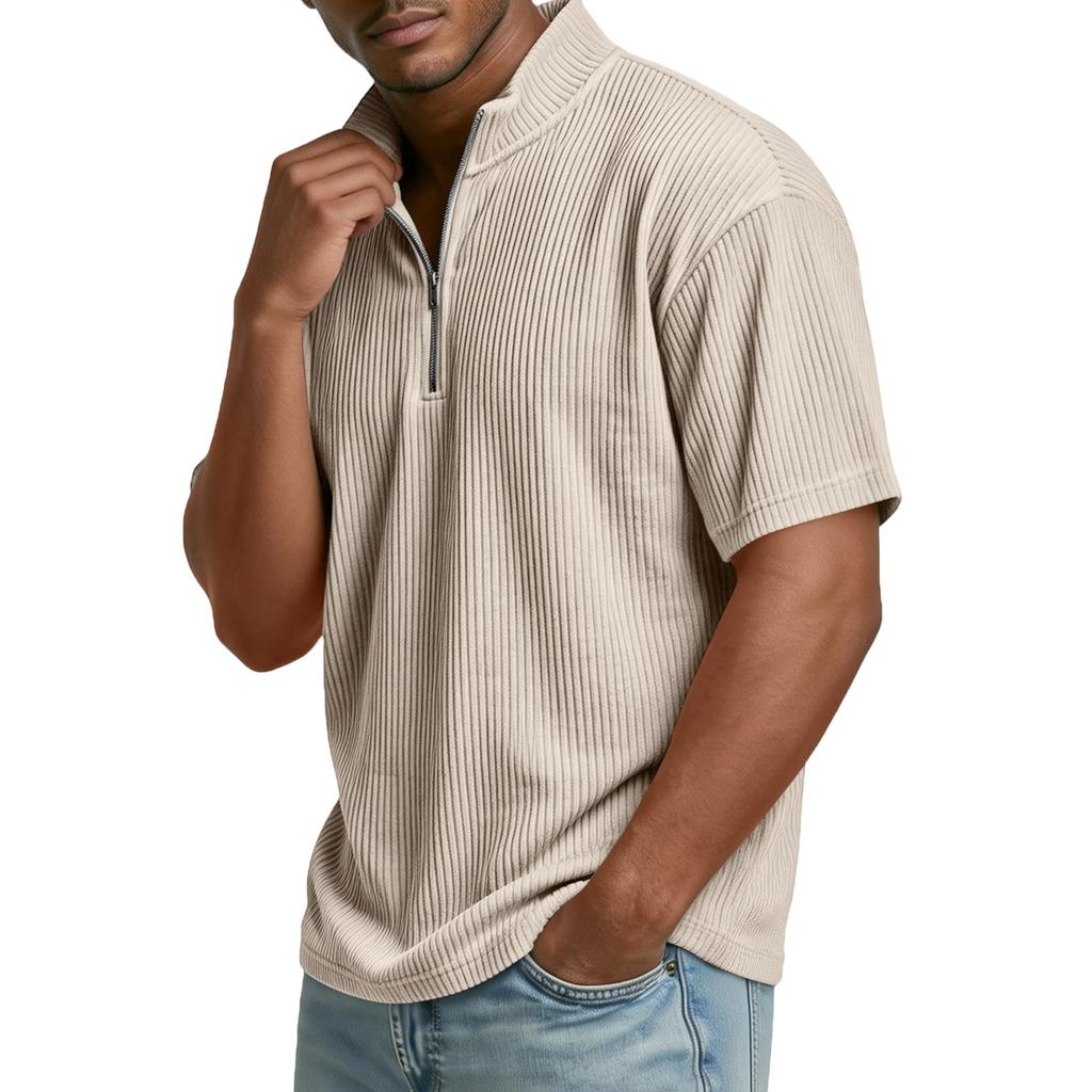 Pánské tričko s polovičním zipem, Krátkoruká manšestrová košile, Letní volný ležérní barevný top