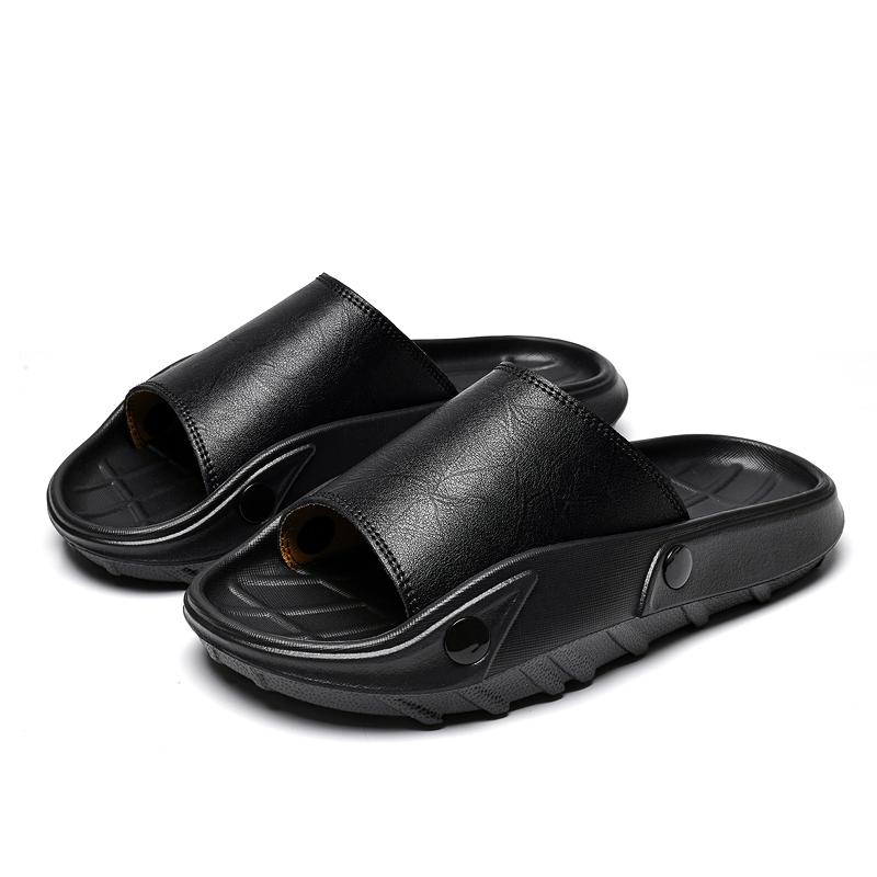 Fashion Male Comfortable Leather Slippers Homes In Indoor Slipper Summer Half Drag Mens Slip On Walking Shoes New Handmade Male Shoes