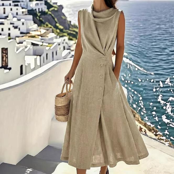 Elegantes ärmelloses Kleid aus französischer Leinen-Baumwolle für Damen - Strandurlaub 2026