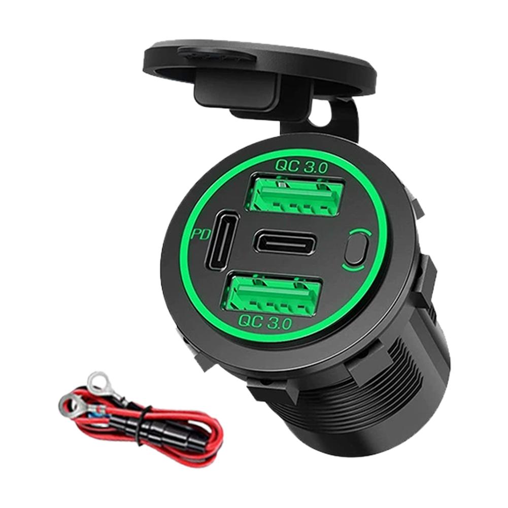 

Four Port USB Charger Socket USB-C PD & Dual QC 3.0 For Car Motorcycle With Voltmeter And Power Car Charger