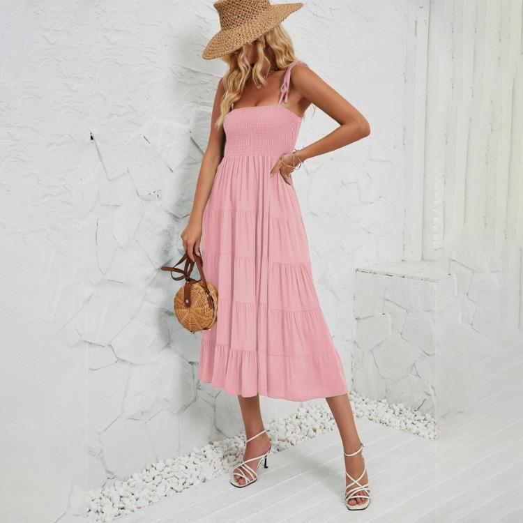 Halter Women Solid Color Summer Sleeveless Dress Knee Length Elegant Casual Pleated Square Neck