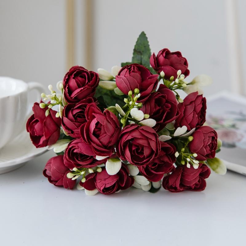 15 Heads Silk Roses Small Tea Bud Artificial Flowers Wedding Festival Room Decor Home Ornamental Flowerpot Photography Props Diy