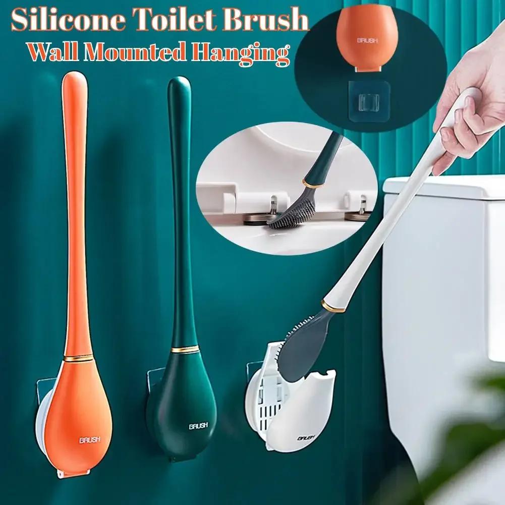 Modern Toilet Cleaning Brush&Holder Set Long Handle Silicone Toilet Brush Quick Drying Punchless Bathroom Accessories