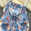 Women Off Shoulder Floral Print Short Dress Long Sleeve Ruffle Splice Smocked Waist A-Line Mini Skirt Casual Summer Beach Vacation Dress