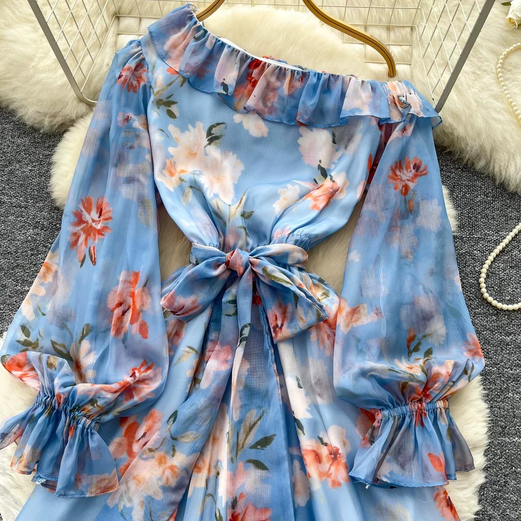 Women Off Shoulder Floral Print Short Dress Long Sleeve Ruffle Splice Smocked Waist A-Line Mini Skirt Casual Summer Beach Vacation Dress