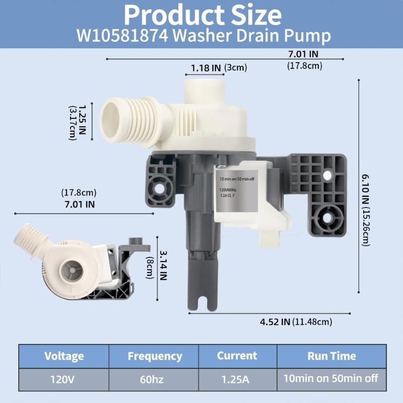 W10581874 Washer Dryer Drain Pump Assembly Washer Pump Washer Replacement Part for WTW7300DW0 MVWB835DW0 WTW7000DW0