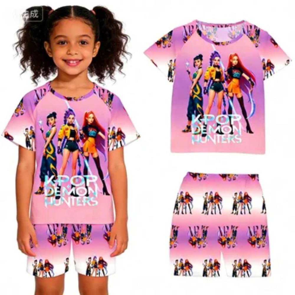 New T-shirt Set for Girls' Summer Clothing with Printed Design, Cartoon Fashion, Comfortable Children's Set