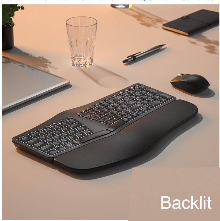 White Backlit Ergonomic Split Keyboard Bluetooth 2.4G Wireless Keyboard with Wrist Rest Rechageable Keyboard for Windows/Mac