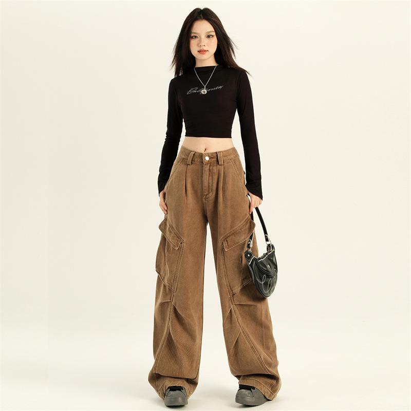 Women's American Retro Denim Overalls - Autumn 2024 Loose Slimming Wide-Leg Floor-Length Pants
