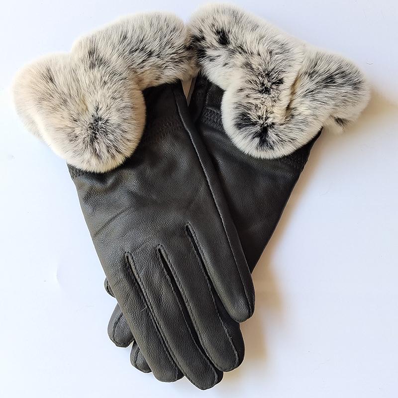 Women Winter Genuine Sheepskin Leather Glove With Rex Rabbit Fur Cuff Warm Winter Female Genuine Leather Gloves Hand Warmer