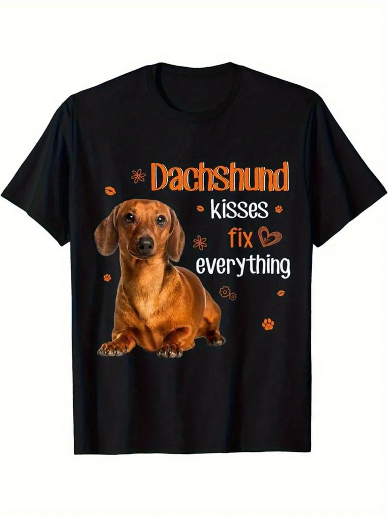 Dachshund Kisses Polyester T-Shirt for Men - 100% Pure, Breathable Comfort Fit, Casual Street Style Short Sleeve T-Shirt with Moisture Wicking Technol