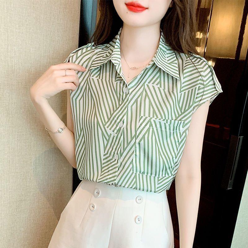 Women's Striped Shirt Summer Elegant Slimming Design Chiffon Short Sleeve Shirt