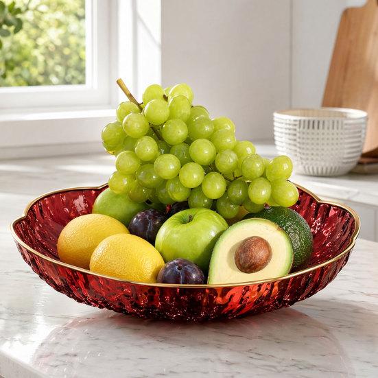 Plastic Fruit Bowl with Gold Trim, Clear Fruit Basket, Modern Decorative Serving Bowl for Kitchen Counter, Dining Room, Coffee Table