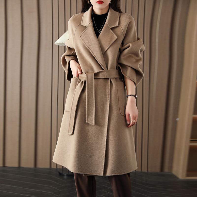 100% Wool Women Coat TIDENOVEL Autumn Wool Long Coat Handmade Pea Coat Winter Warm Wool Long Jacket Overcoat