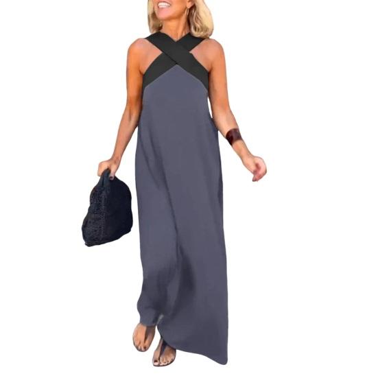 Women Evening Dress Cross Neck Off Shoulder Backless Robe Dress Solid Color Loose Maxi Dress for Beach Party Prom Vacation