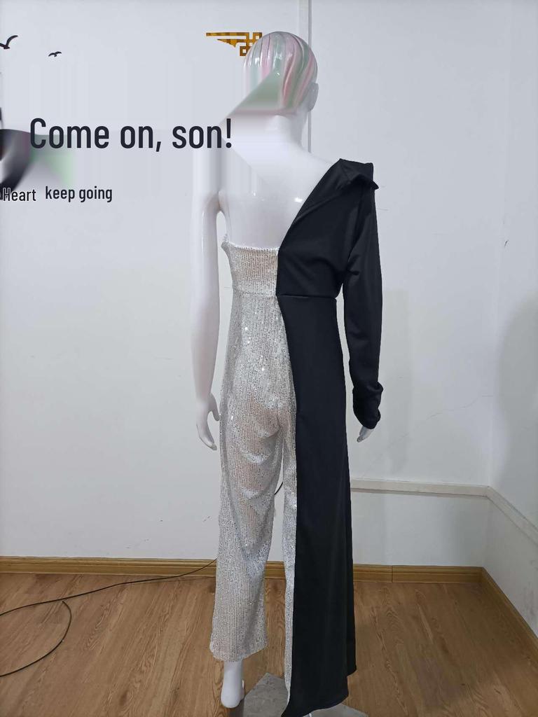 2025 One-Shoulder Silver Splicing Sequin Jumpsuit for Women - European & American Fashion