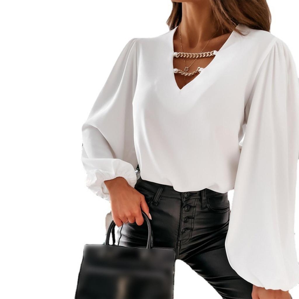 Fashion Womens Wide V-Neck Sexy Shirt Sleeves Long-sleeved Blouse