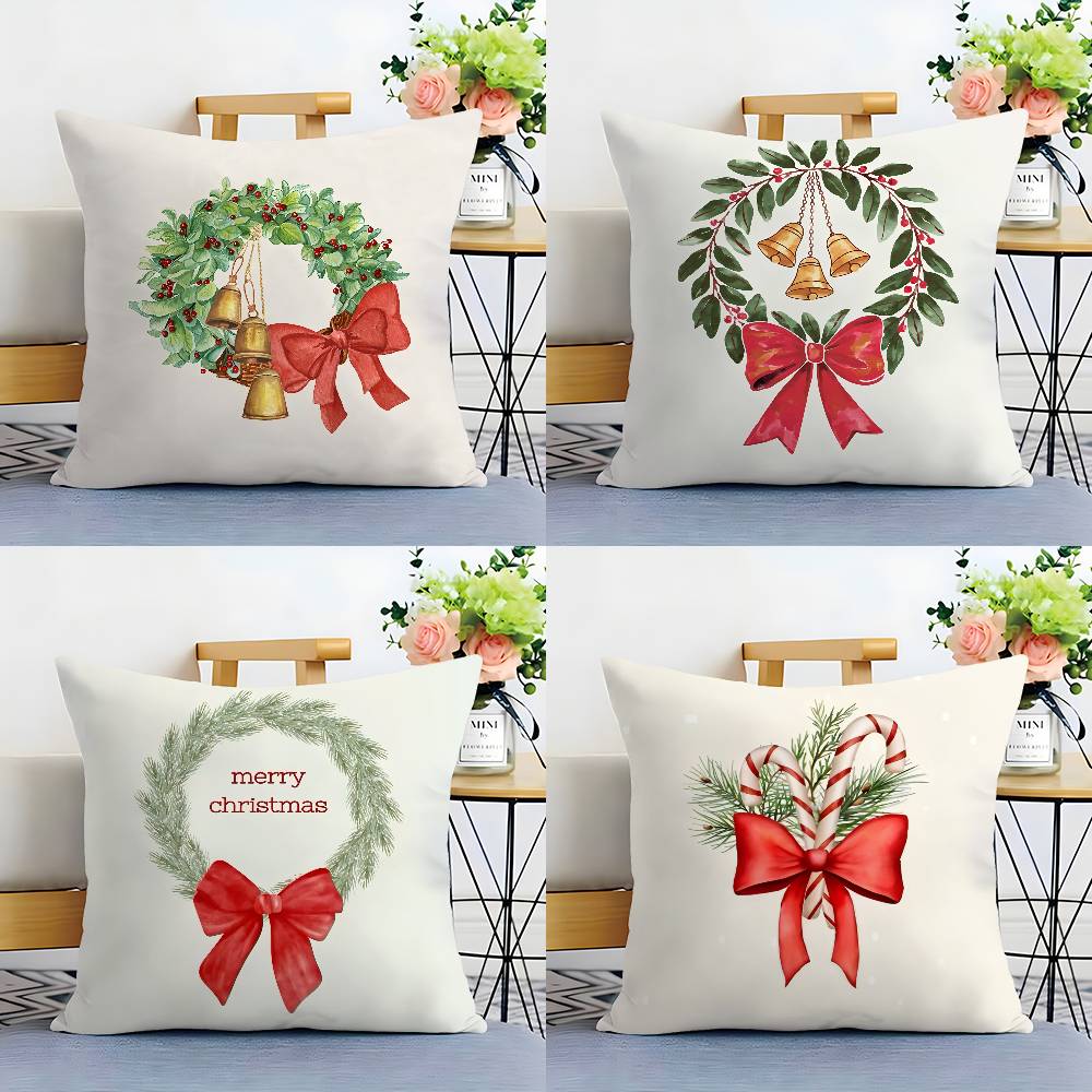 Merry Chrismas Red Bow Pillow Case Sofa Living Room Bedroom Double-sided Printing Square Cushion Nap Time Cushion Cover