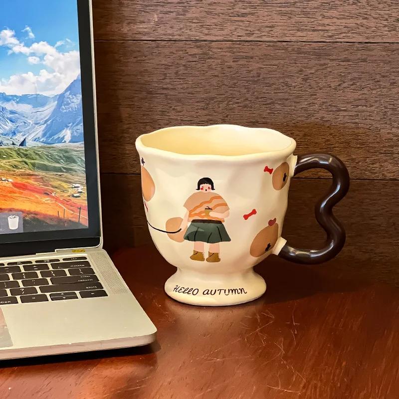 Vintage Girl Ceramic Coffee Cup with Cover Spoon Goblet Water Cup High Footed Breakfast Cups Milk Tea Cups Milk Mug Juice Mug