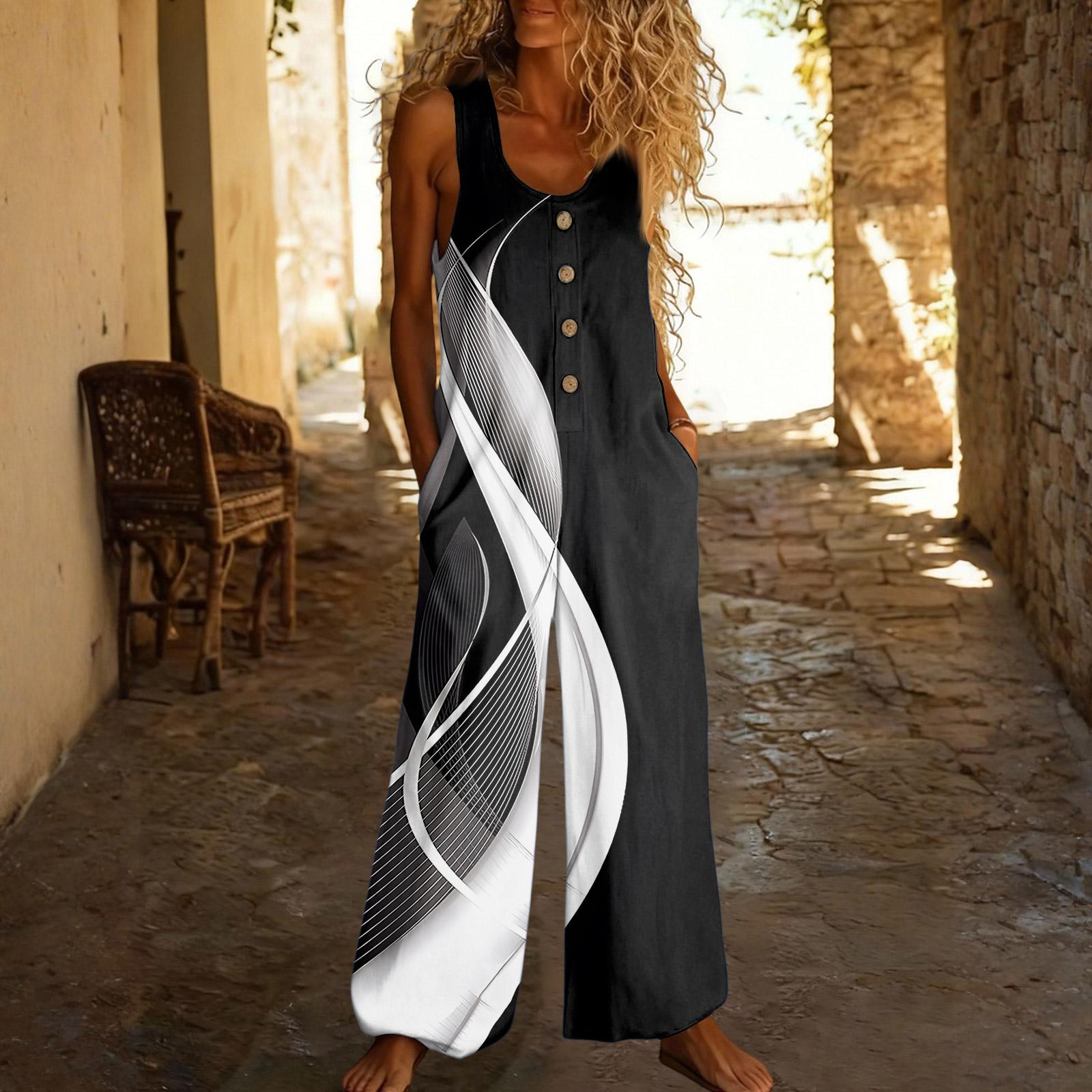 

Повседневный свободный комбинезон без рукавов с карманами и регулируемыми бретелями для женщин (Большая длина). XL чёрный