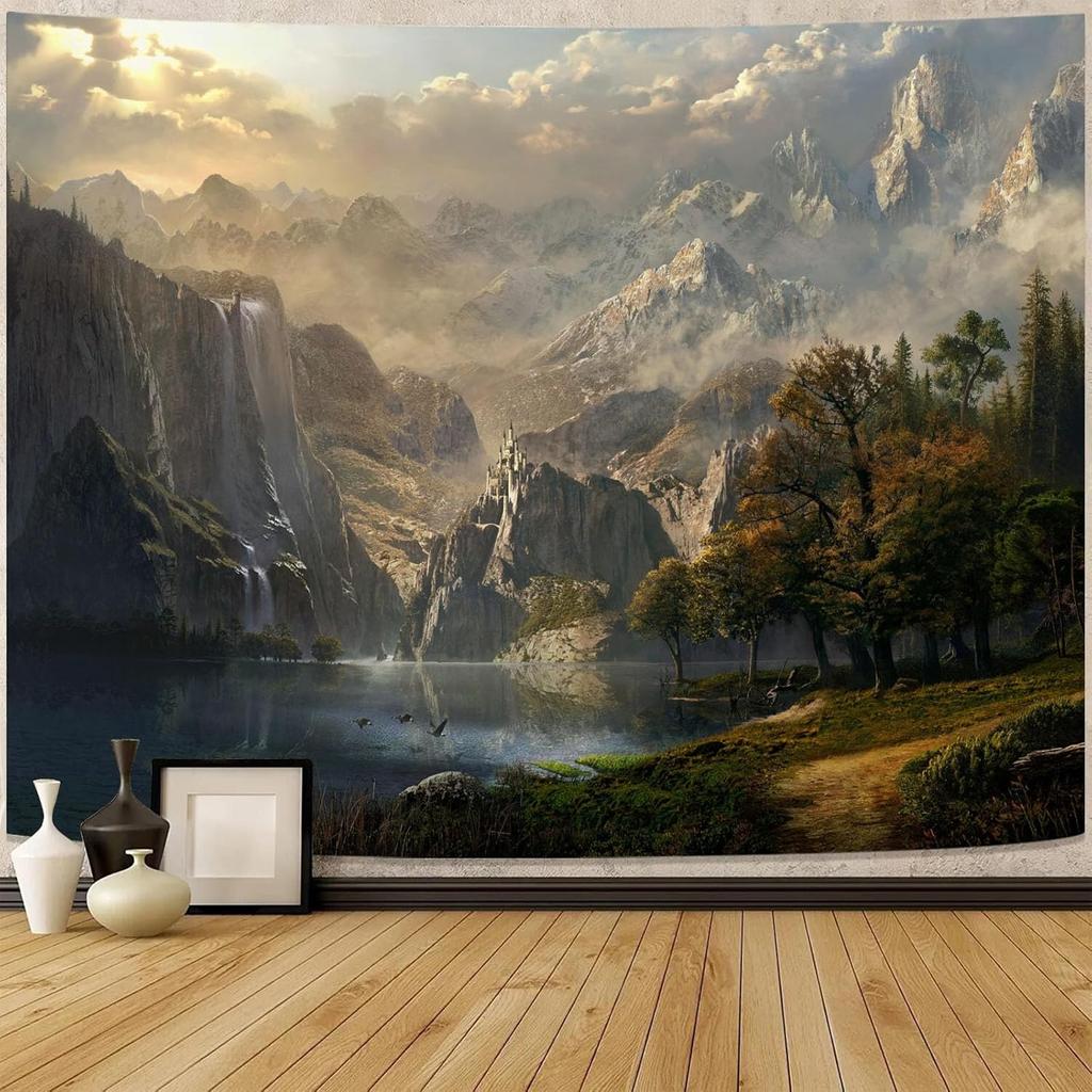 Fantasy World Tapestry Mountain Forest Lake Landscape Tapestries Wilderness Sunshine Nature Waterfall Tapestry for Bedroom