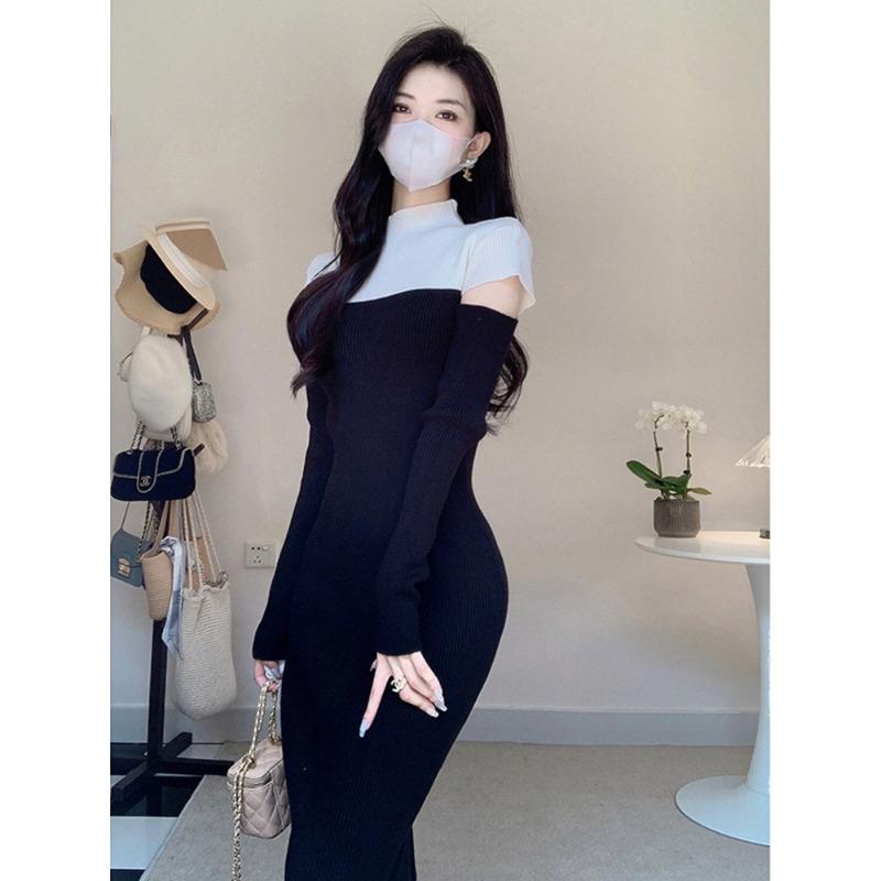 Contrasting color semi-turtleneck knitted dress autumn and winter women slim and thin temperament pure desire long sweater bottoming skirt