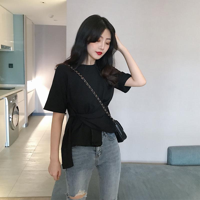 Short-sleeved T-shirt Women's Lace-up Irregular Round Neck Slim Short Top Waist New Summer Women's Clothing Hong Kong Style Retro