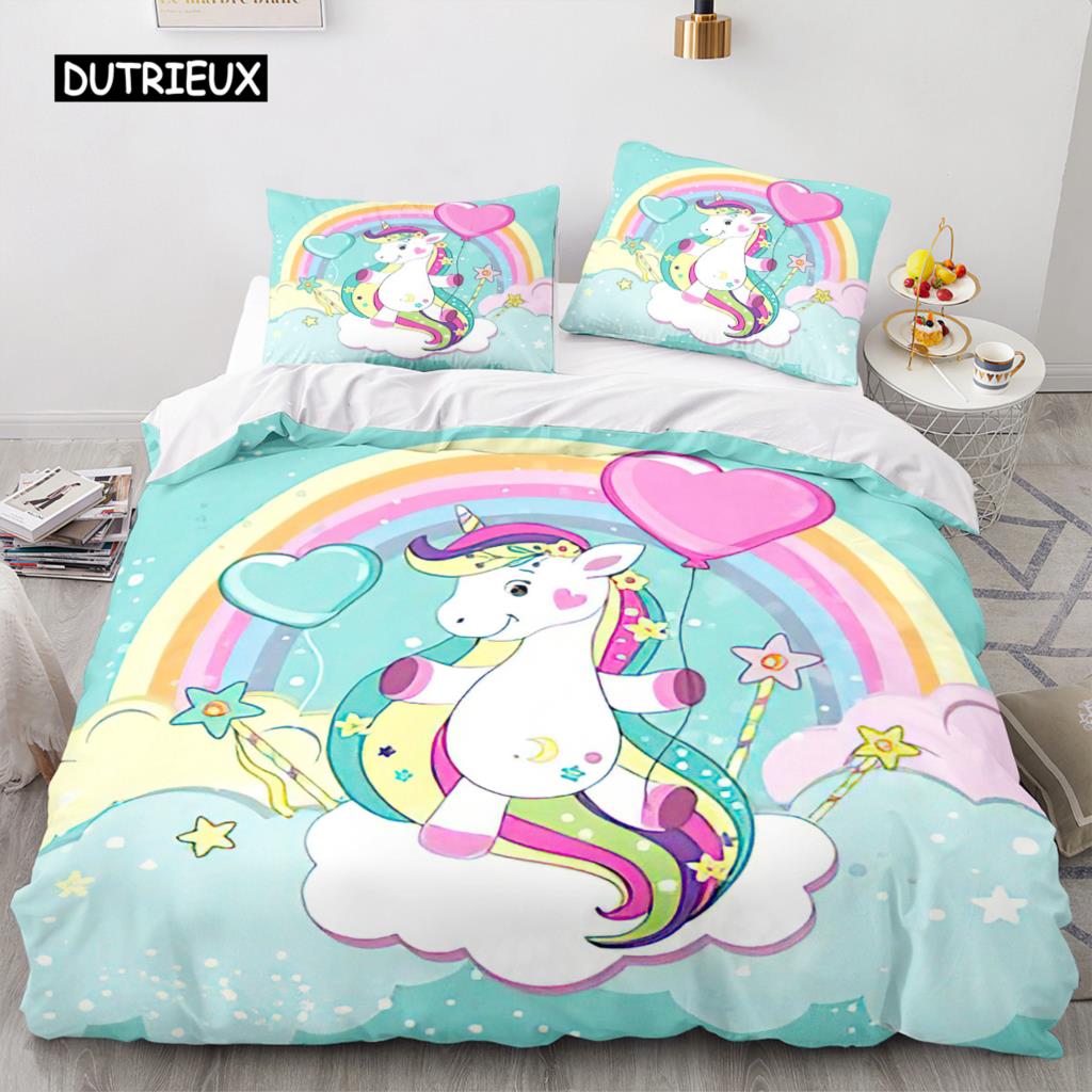Unicorn Duvet Cover King Queen Cute White Cartoon Animal Bedding Set Children Boys Girl Western Fairy Tale Polyester Quilt Cover