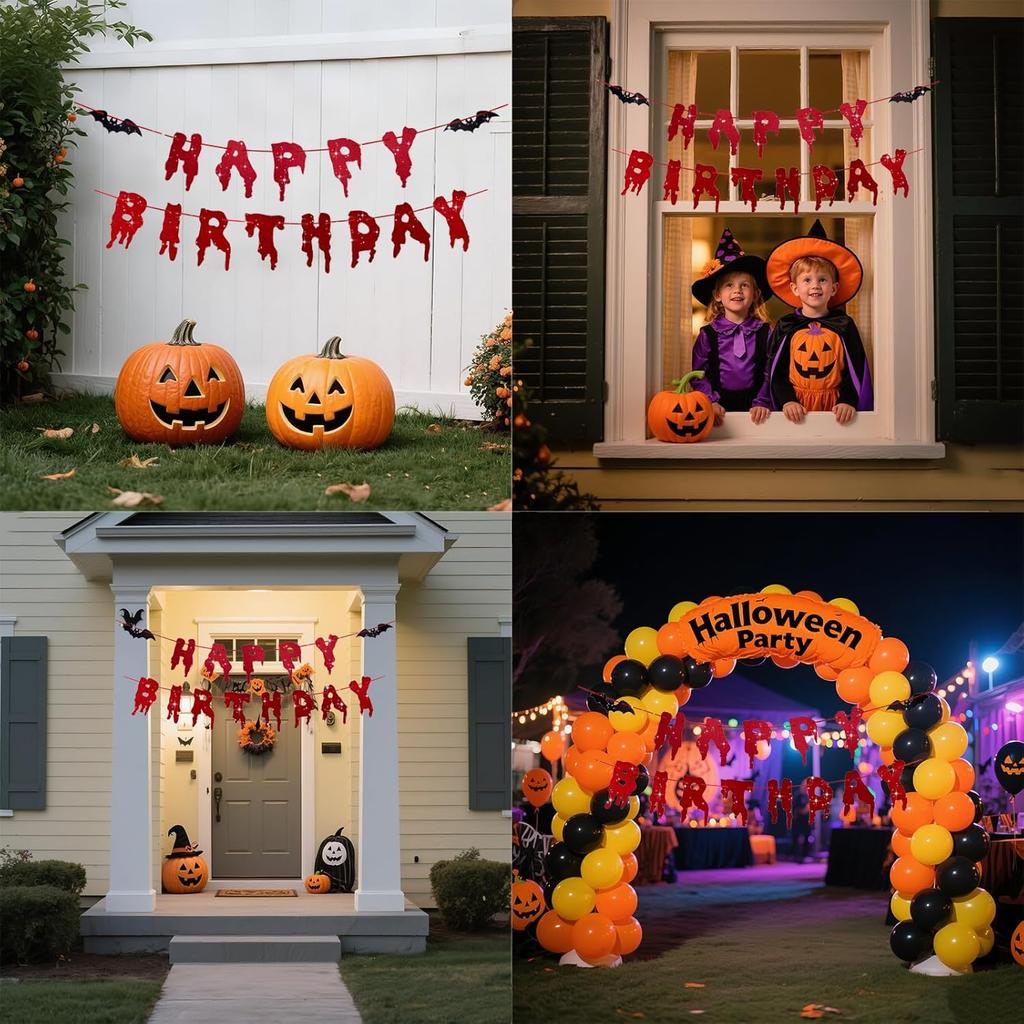 Happy Birthday Halloween Banner, Pre-Strung Glitter Spooky Halloween Party Decorations With Bat, Horror Birthday Decorations For Mantle Wall Mantel