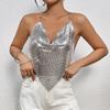 Top Argintiu cu Paiete pentru Femei, cu Gât Halter și Spate Decoltat cu Lanț, Crop Top din Plasă Strălucitoare, Bandană Top pentru Petrecere, Club, Ieșire în Oraș