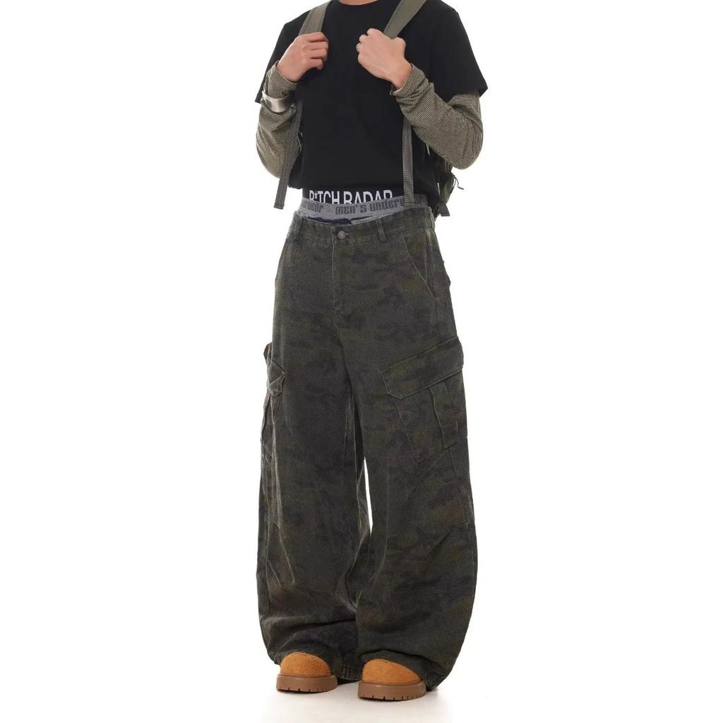 STREETRICH American Retro Multi-pocket Camouflage Silhouette Scimitar Jeans Niche Baggy Wide-leg Sickle Casual Pants Hoodies Men's Clothing
