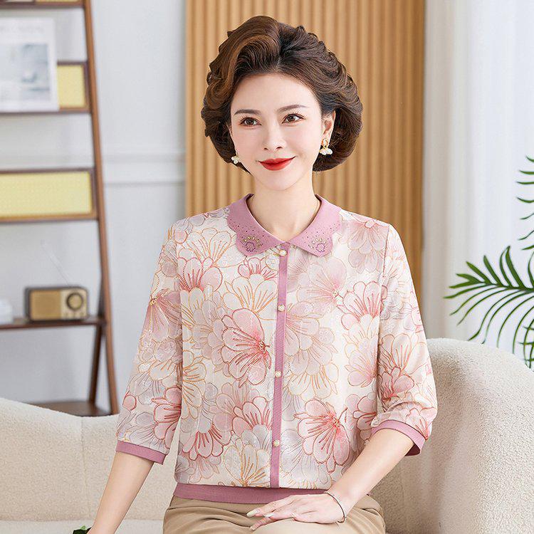 

Women s Fashion Casual Lapel T-Shirt Pullover with Seven-Point Sleeves - Simple & Comfortable Mother s Wear XL рожевий