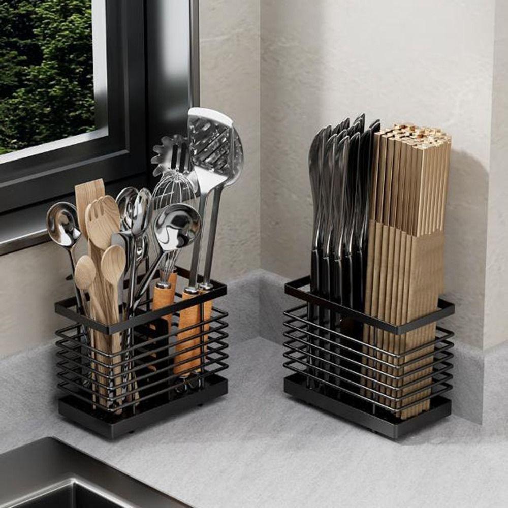 Hollow Countertop Utensil Holder Carbon Steel Cutlery Drainer Basket Cutlery Holder  Cookware