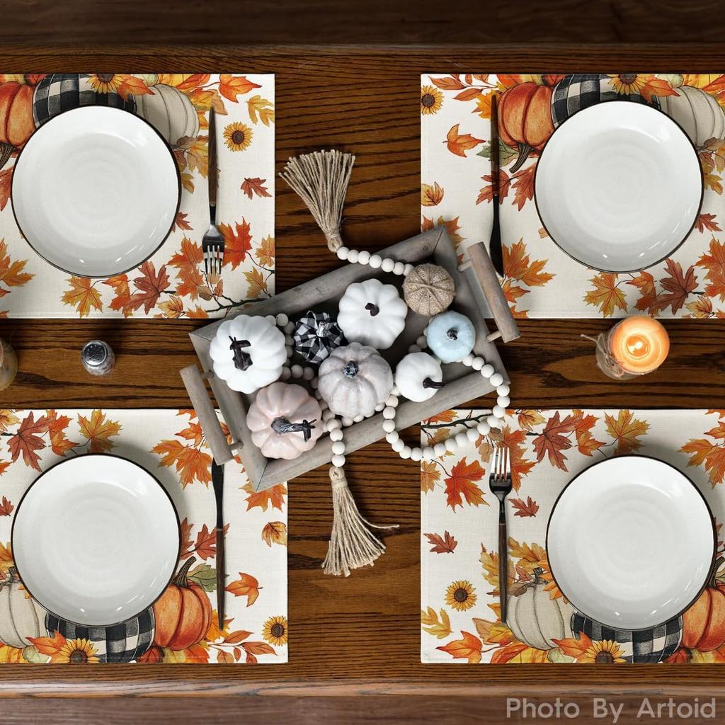 Artoid Mode Fall Pumpk Sunflowers Leaves Placemats Set of 4, 12x18 Inch Thanksgiving Vintage Table Mats for Dining Party Decoration