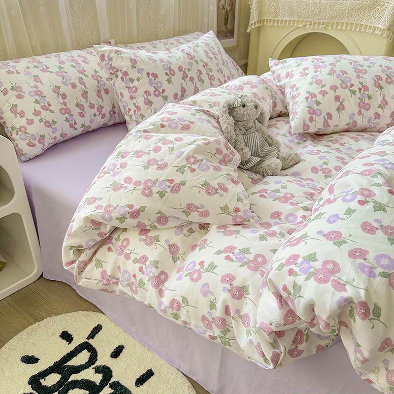 Small Fresh Mattress Quilt Cover Class A Maternal And Infant Grade Cartoon Dormitory Bed Sheet Three-Piece Set Super Soft Washed Cotton 4Pcs Set