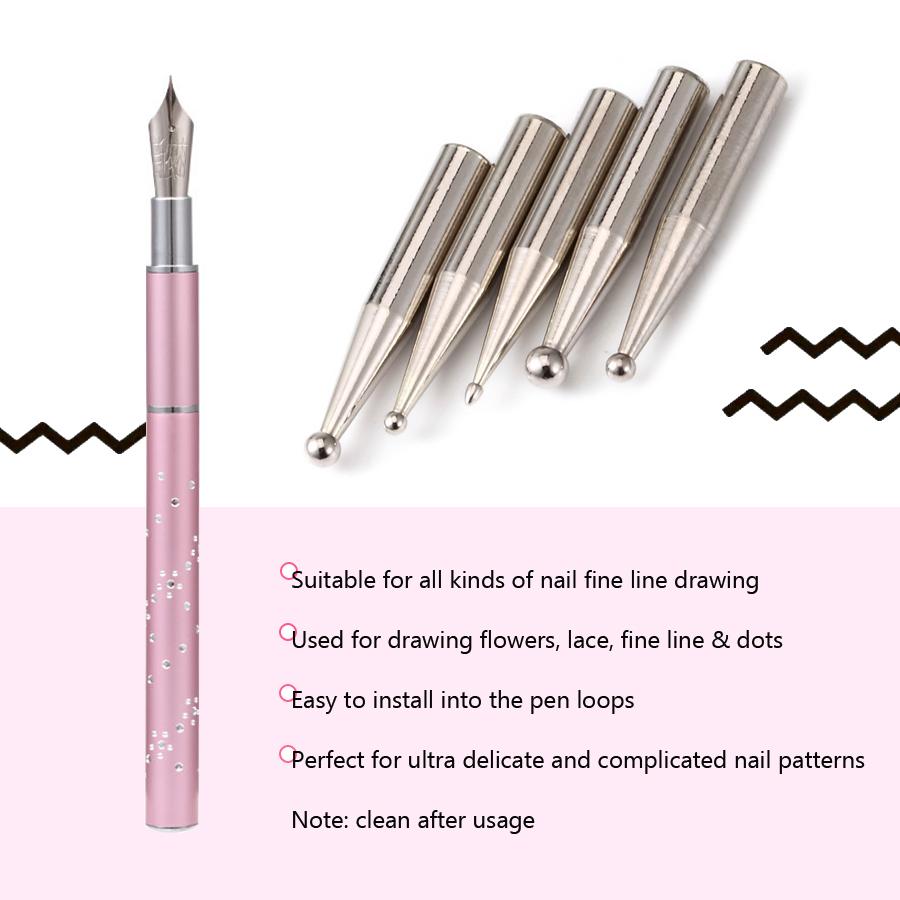 Metal Head Nail Art Dotting Pen Drill Point Flower Line Rhinestones Tip Painting Drawing UV Gel Poli